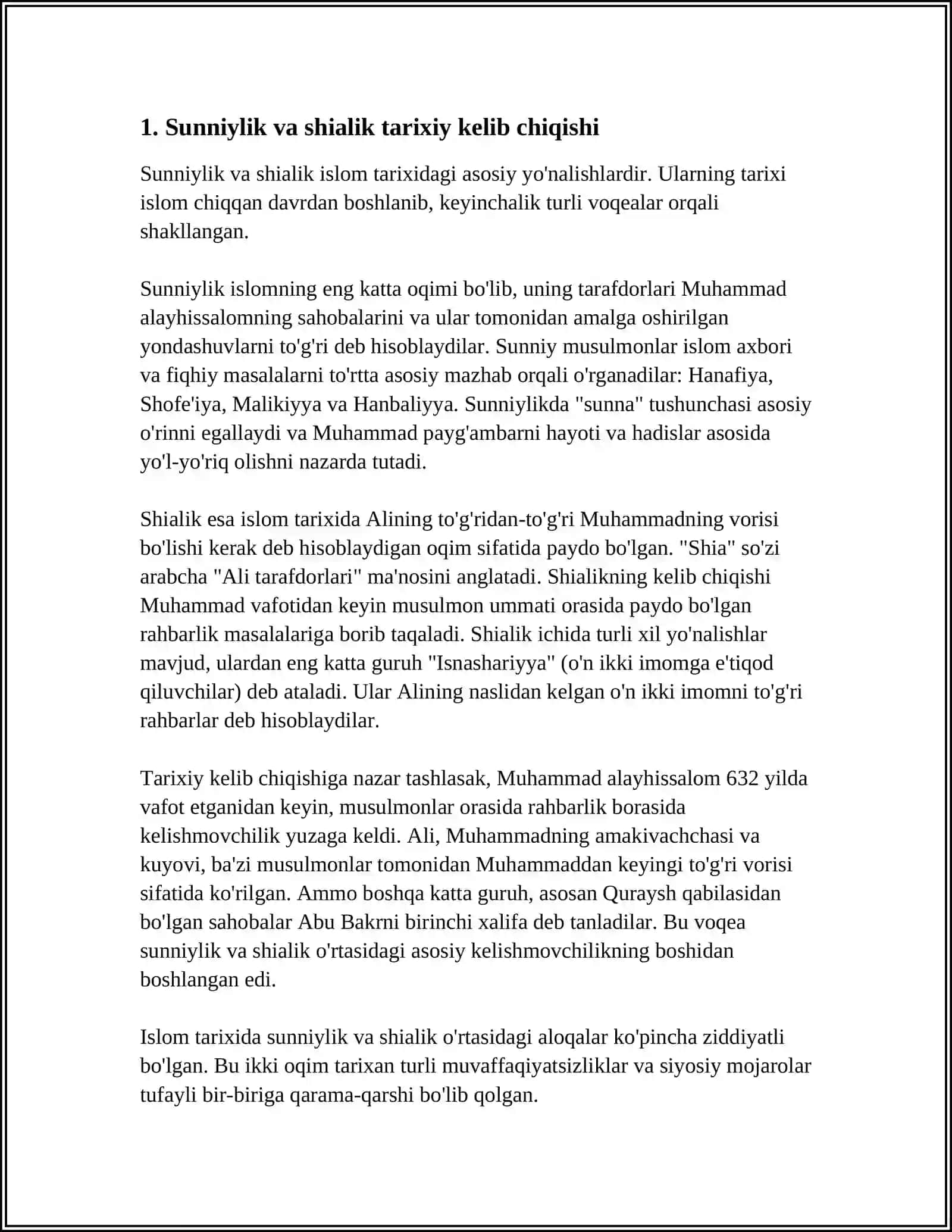 SUNNIYLIK VA SHIALIK YO‘NALISHLARINING PAYDO BO‘LISHI VA ULAR EʼTIQODIDAGI FARQLAR 4