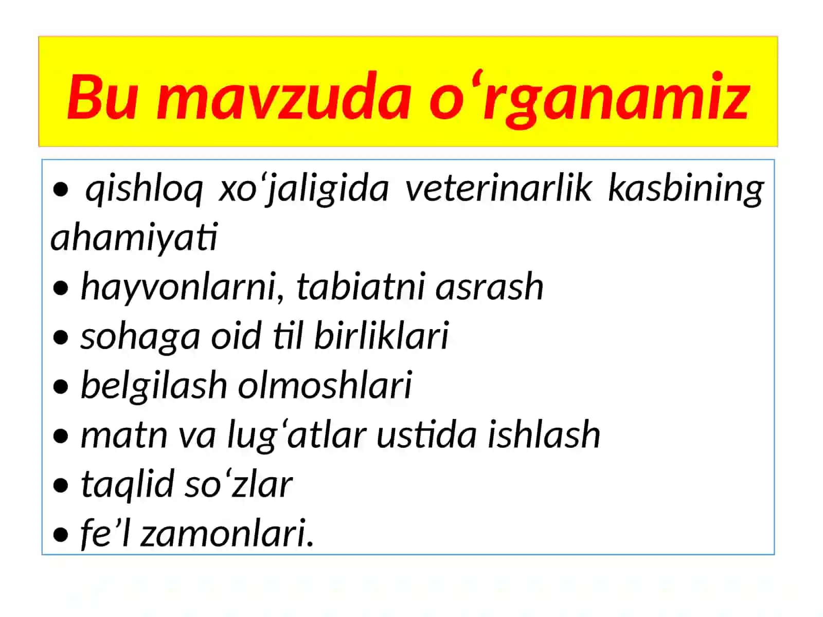 7-sinf Ona tili dars ishlanma. Veterinar. Tasviriy matn 4