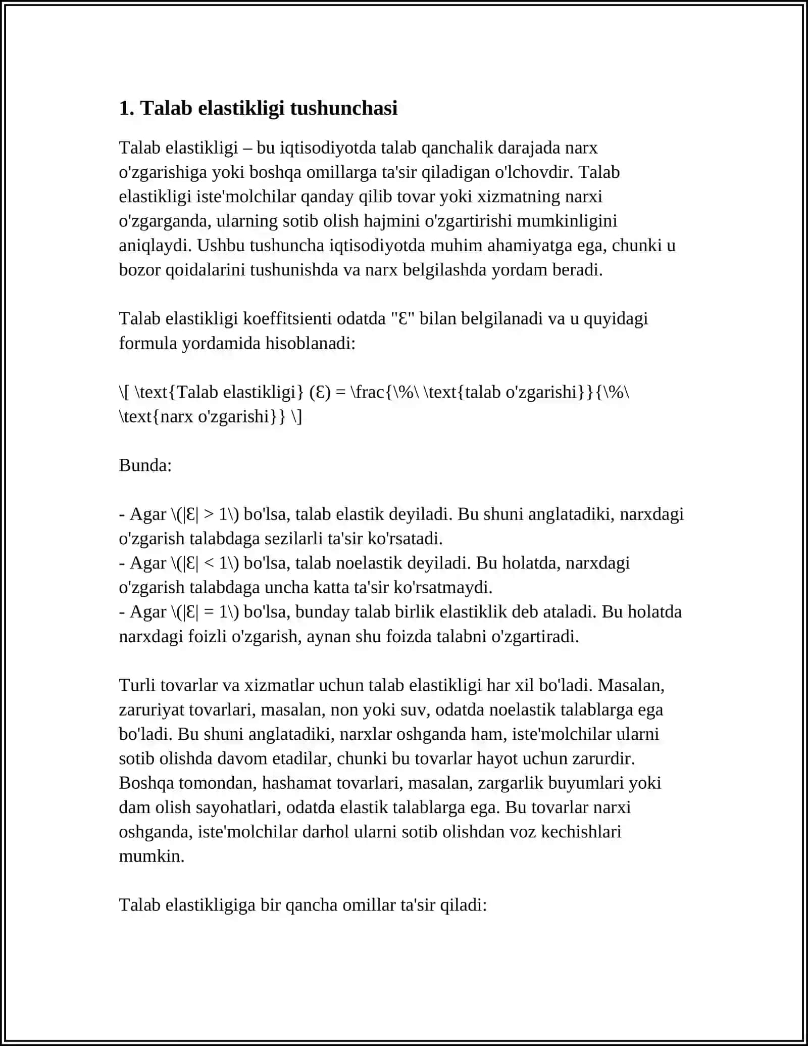 Talab va Taklifning Elastikligi Tushunchasi, Turari va Ko'rsatkichlari 4