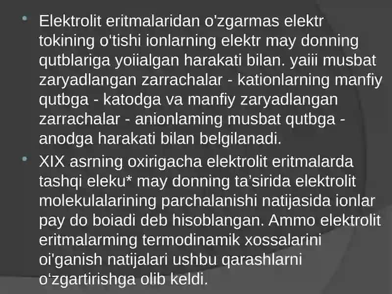 Elektrolitik eritmalarning elektr o’tkazauvchanligi 4