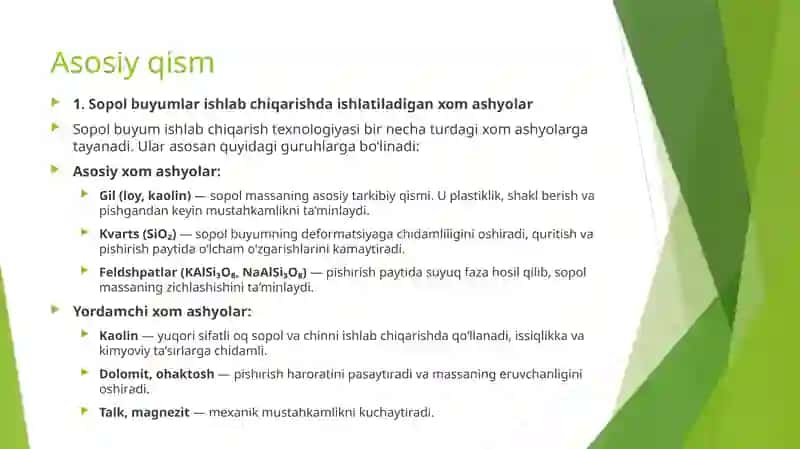 Sopol buyumlar ishlab chiqarishda ishlatiladigan xom ashyolar, gil va uning xossalari 4