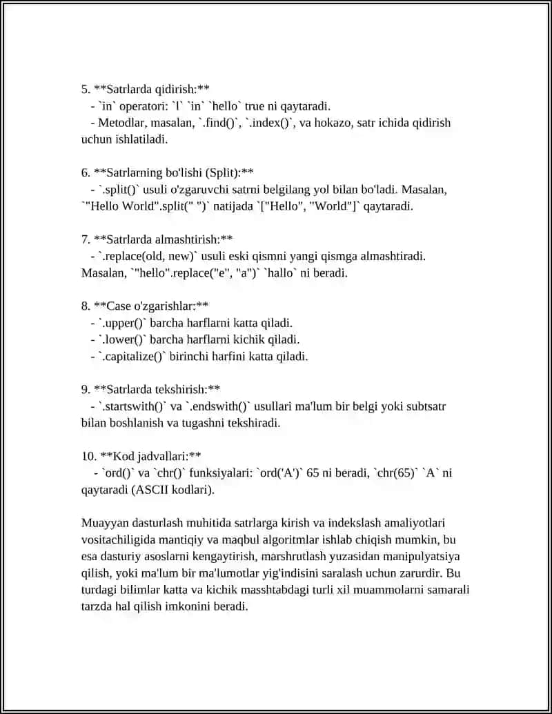 MATNLAR BILAN ISHLASH, SIMVOLLARNI TAQQOSLASH VA SATRLARNI FORMATLASH USULLARI 4