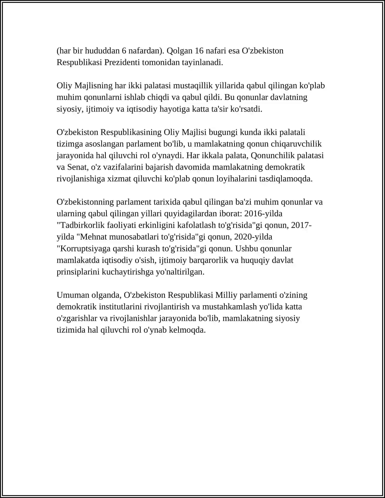 O'zbekiston Respublikasi Milliy Parlamentining Shakllanishi va Faoliyati 4