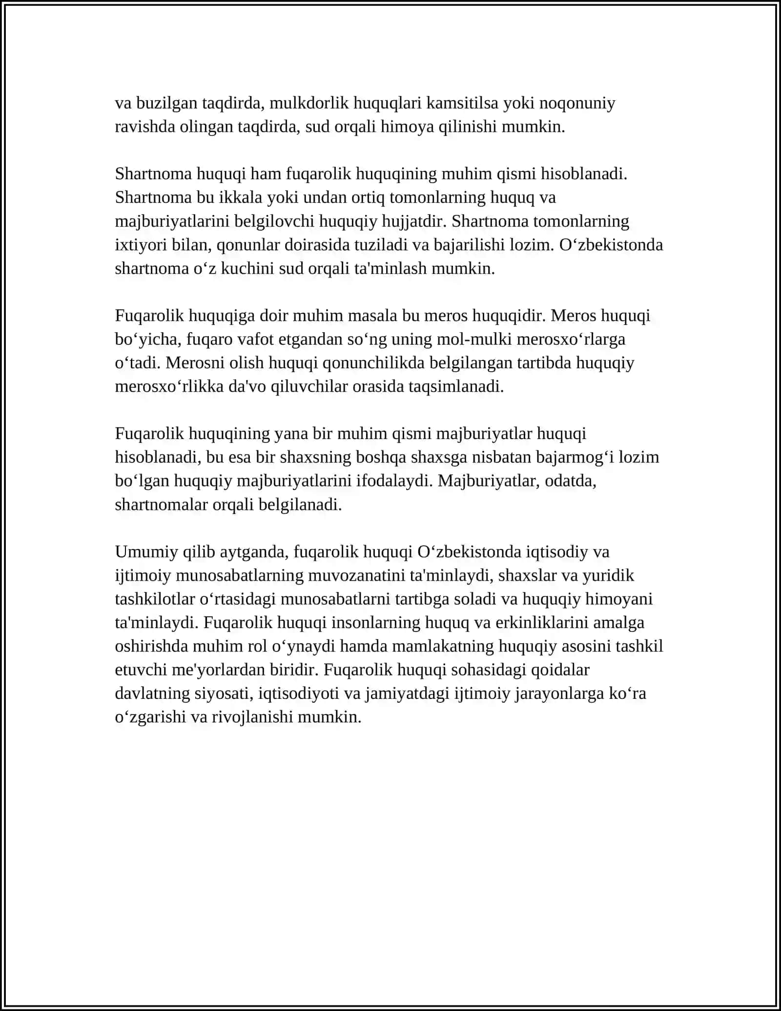 FUQAROLIK KODEKSI MAVZULAR BOʻYICHA 4