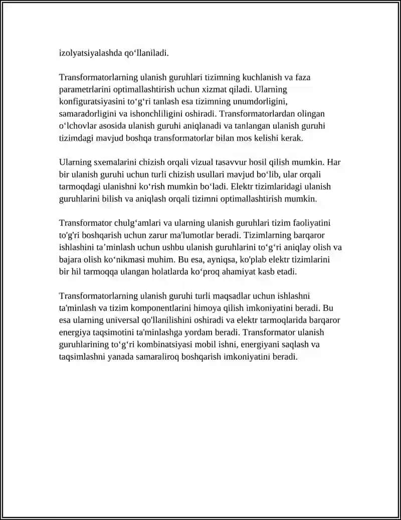 TRANSFORMATOR CHULGʻAMLARINING ULANISH GURUHLARI VA BELGILANISHLARI BILAN TANISHISH XAMDA ULARNI SXEMALARINI CHIZISH 4