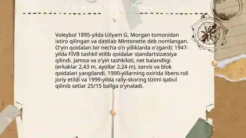 Voleybolning rivojlanish tarixi, oyn texnikasi, taktikasi va qoidalari 4