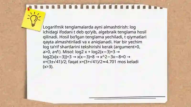 Ko'rsatkichli va logarifmik ifodalarni ayniy almashtirishga oid misollar yechish 4