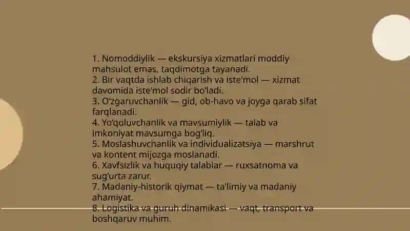 Ekskursiya xizmatlarining xususiyatlari 4