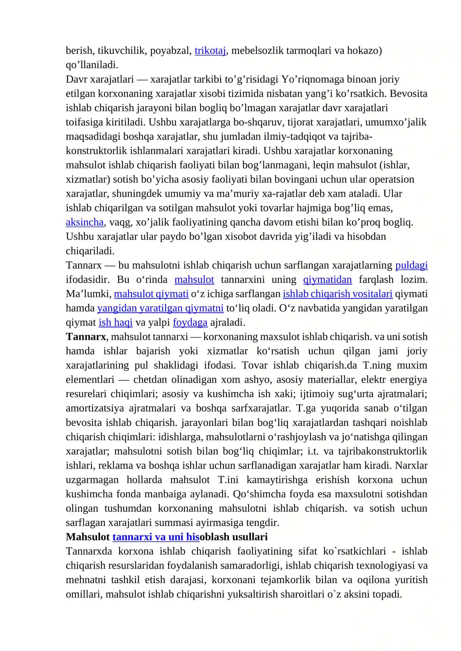 25-mavzu; Mahsulot tannarxini kalkulyatsiya qilish usullari. Maxsulot tannarxini tarkibi va turlari. Kalkulyatsiyaning tamoyillari va ob’ekti 4
