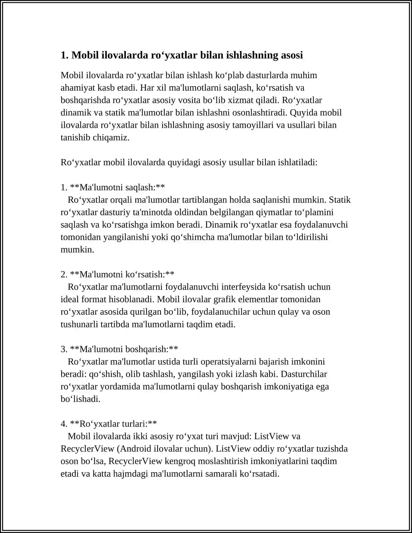 MOBIL ILOVALARNI RO‘YXATLAR VA ADAPTERLAR BILAN ISHLASH 4