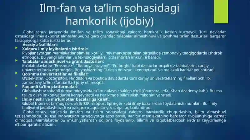 Barqaror taraqqiyotni taʼminlashda globallashuvning ijobiy va salbiy yoʻnalishlari 4