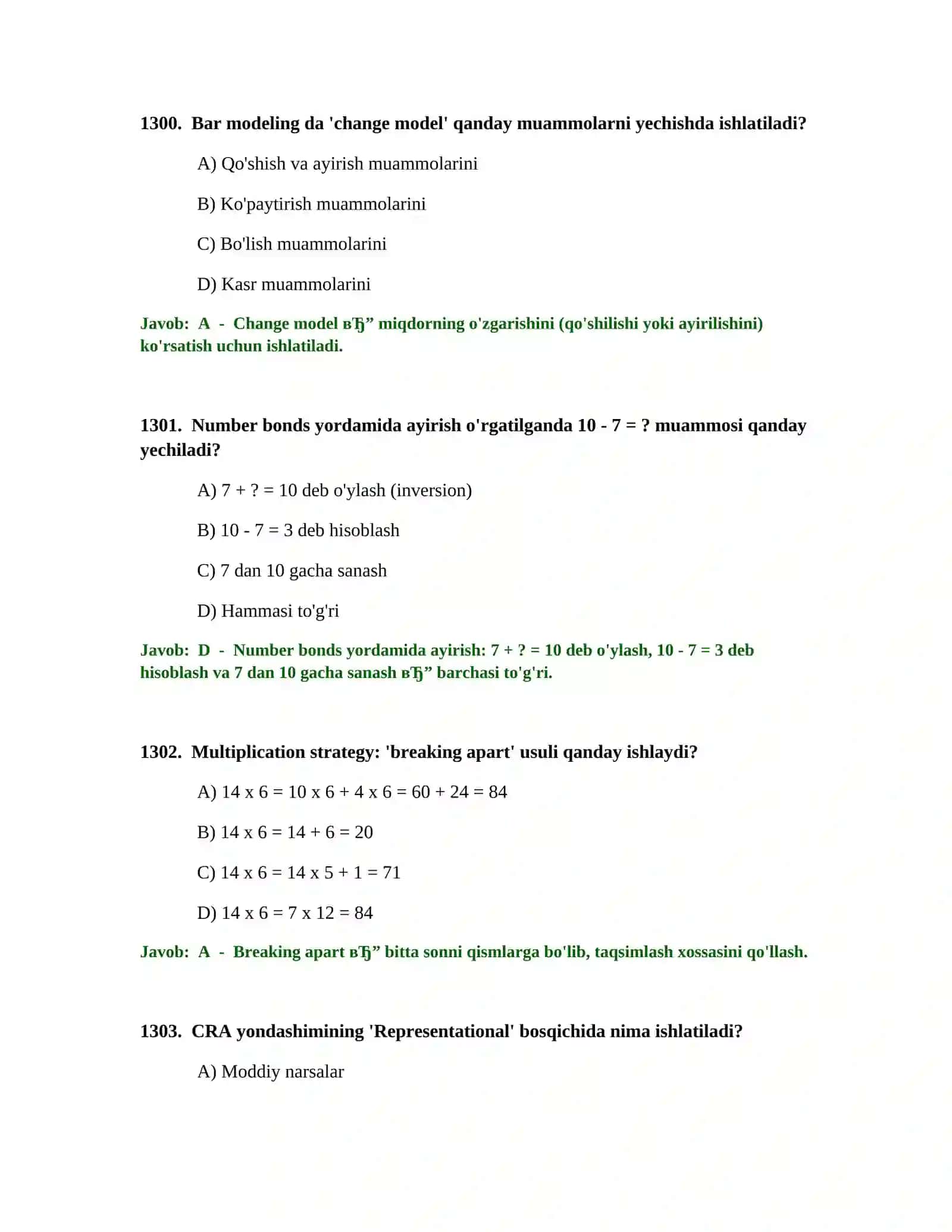 Boshlang'ich ta'lim o'qituvchisi test sinovlari 4