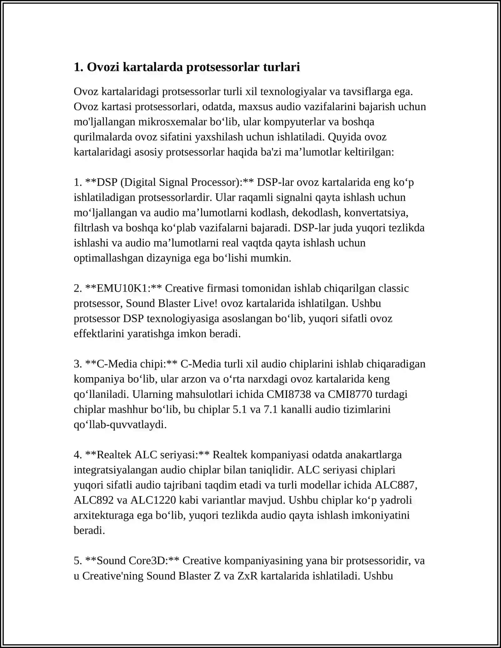 OVOZLI KARTALARDA QOLLANADIGAN PROTSESSORLARNI FUNKSIYALARI VA BAJARILAYOTGAN AMALLARI 4