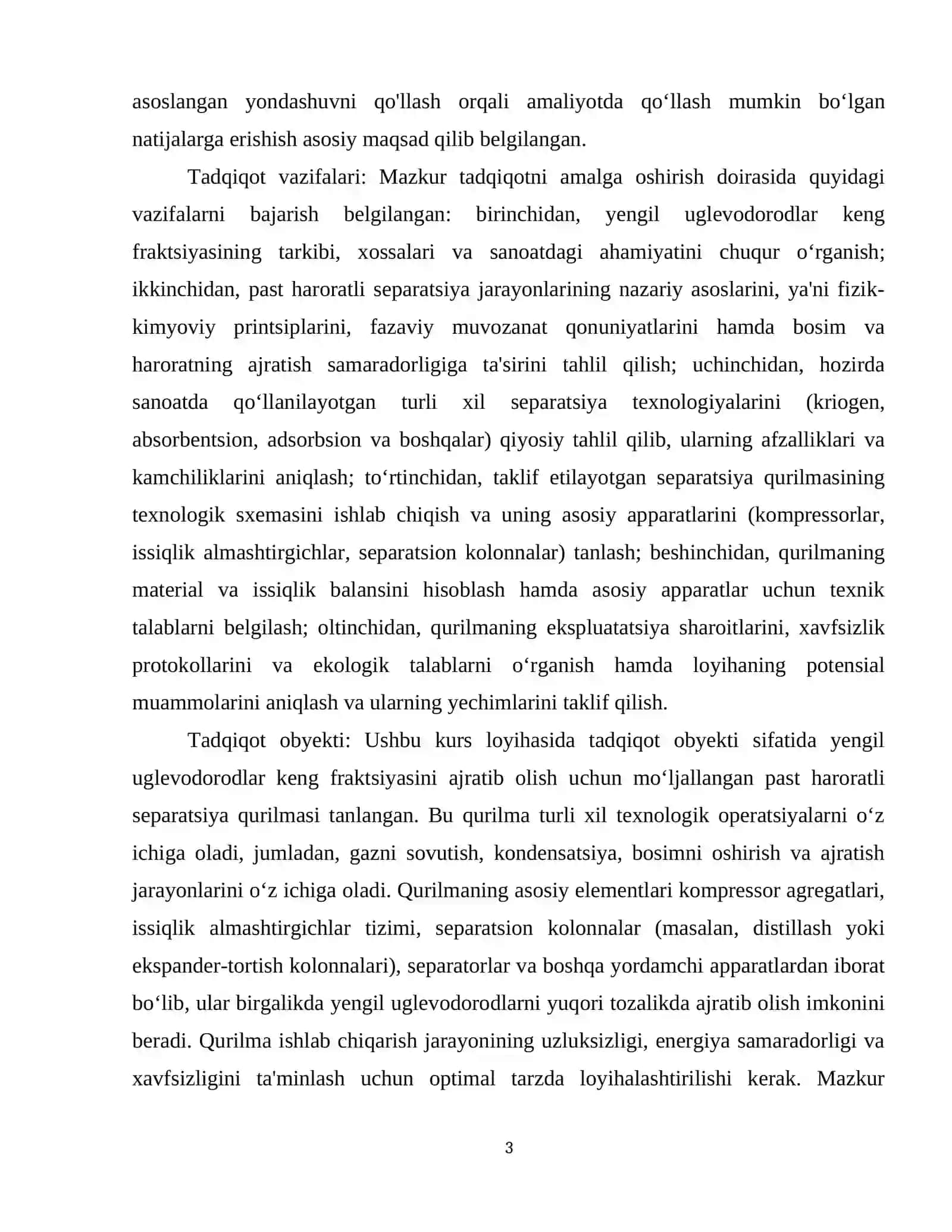past haroratli seperatsiya qurulmalarida yengil uglevadarodlarning keng fraksiyasini ajratib olish jarayoni texnologiyasini loyixalash 4