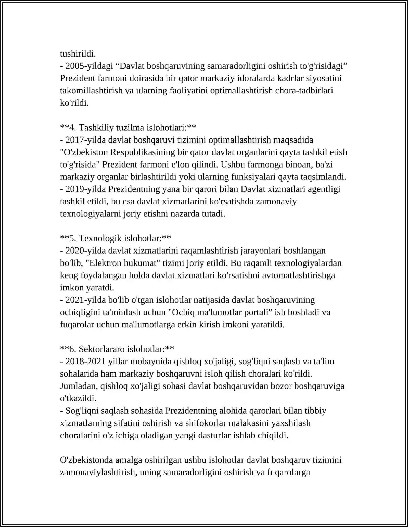 TARIX.MUSTAQILLIK YILLARIDA DAVLAT BOSHQARUVI TIZIMIDA AMALGA OSHIRILGAN ISLOHOTLAR 4