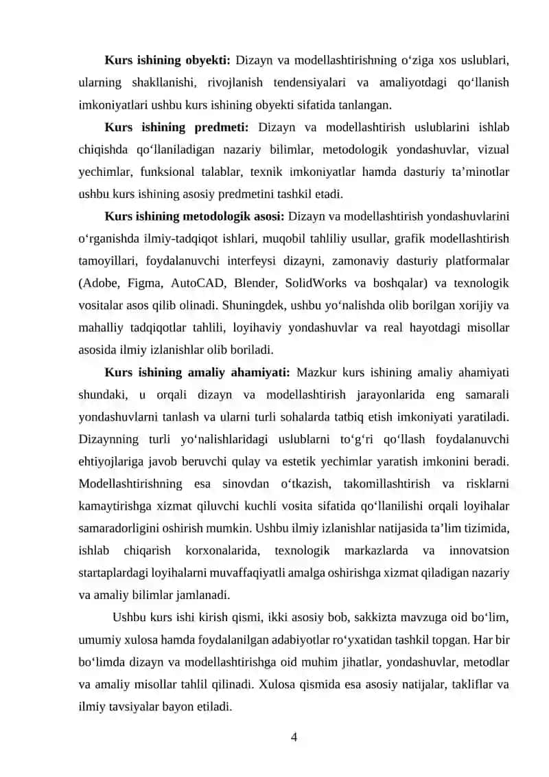 "DIZAYN VA MODELLASHTIRISHNING OʻZIGA XOS USLUBLARI" MAVZUSIDAGI 4