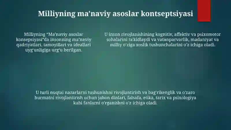 Milly GʻOya MaʼNaviyat Asoslari Va Huquq TaʼLimi Bakalavriyat TaʼLim YoʻNalishida OʻQitiladigan Milly GʻOya Va MaʼNaviyat Asoslari Turkimiga Kiruvchi Fanlar 4
