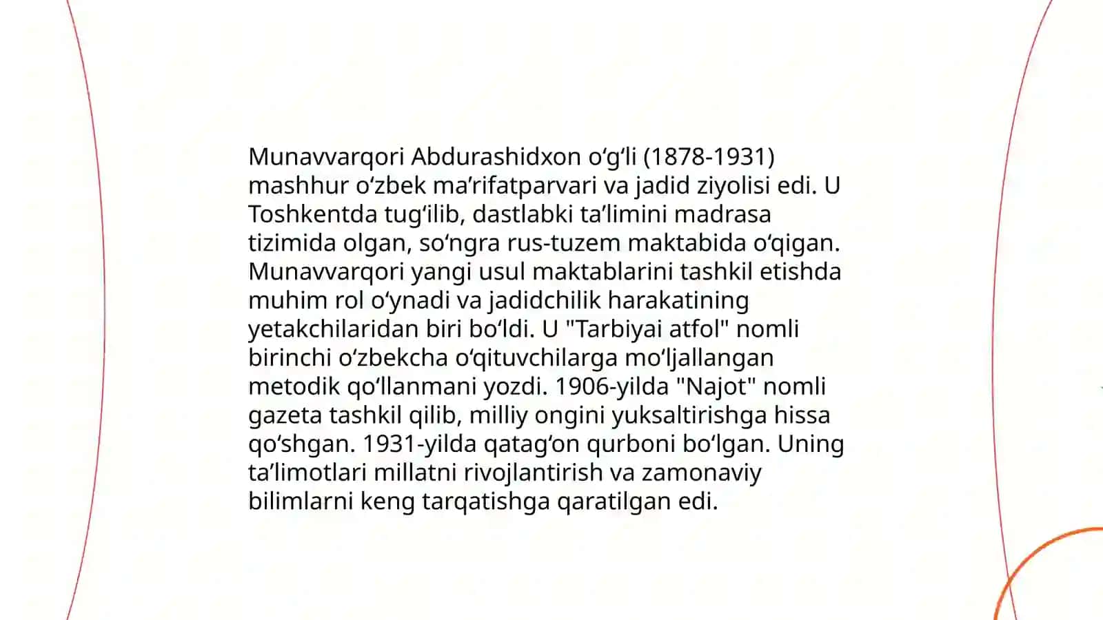 Jadid ma’rifatparvarlarining o‘lka ijtimoiy-ma’naviy hayotida tutgan o‘rni (Munavvar Qori, Fitrat, Behbudiy, Avloniy va boshq.) 4