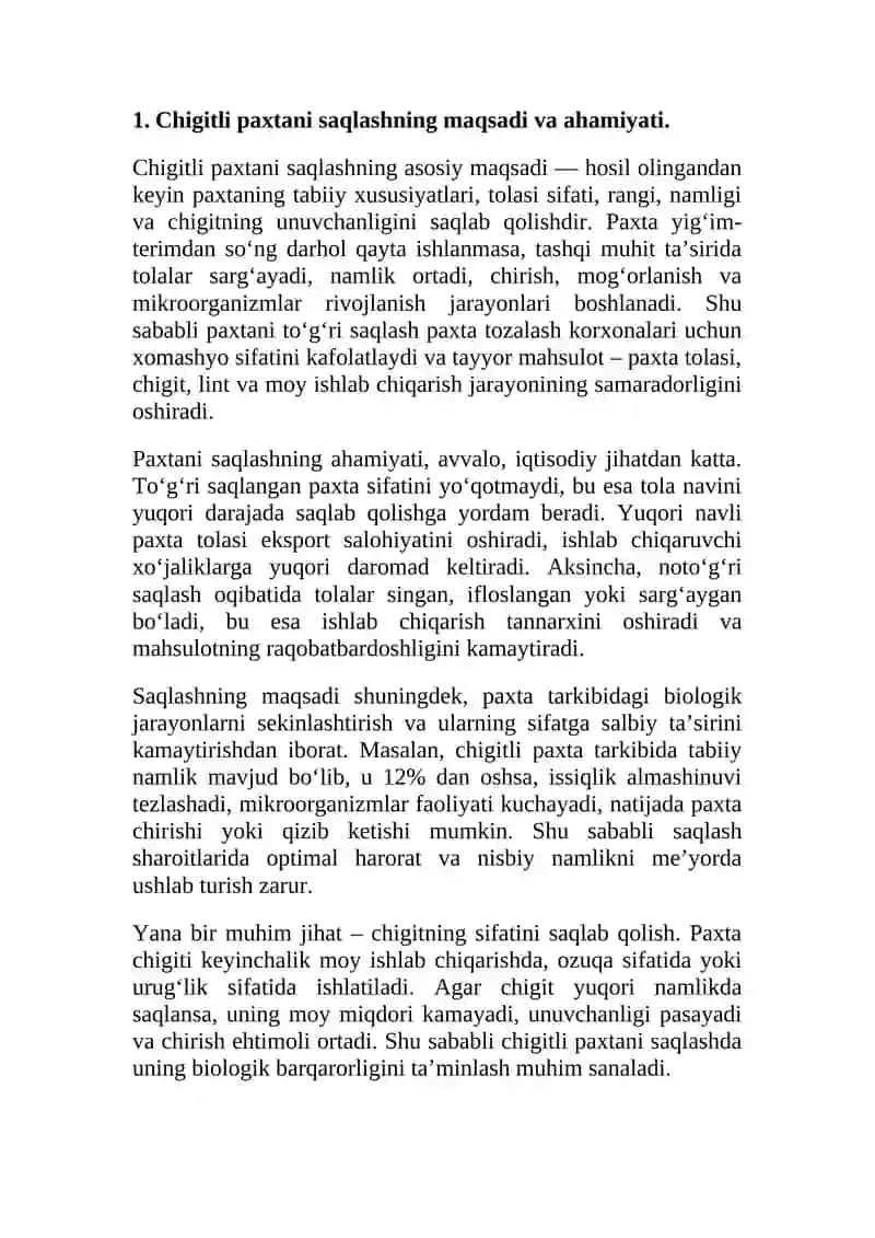 Chigitli paxta xom-ashyosini saqlash omborlari va usullari. 4