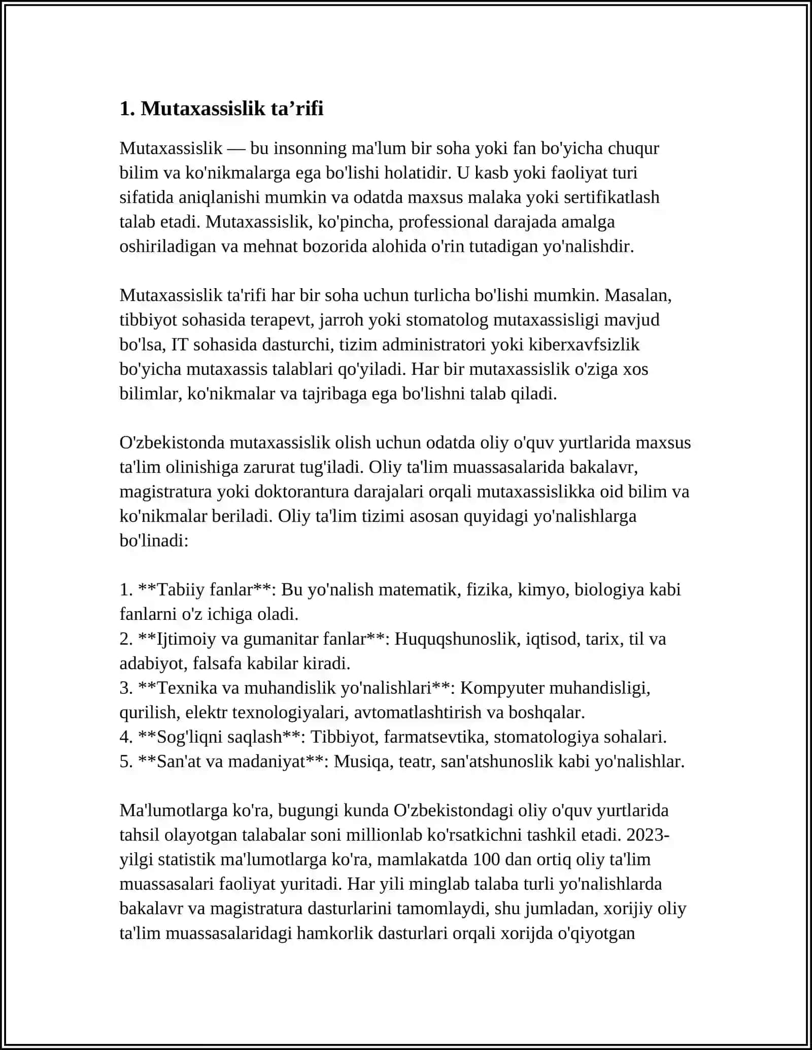 "MUTAXASSISLIGIM HAQIDA" MIKROMAVZU DOIRASIDA TERMINOLOGIK GLOSSARIY 4