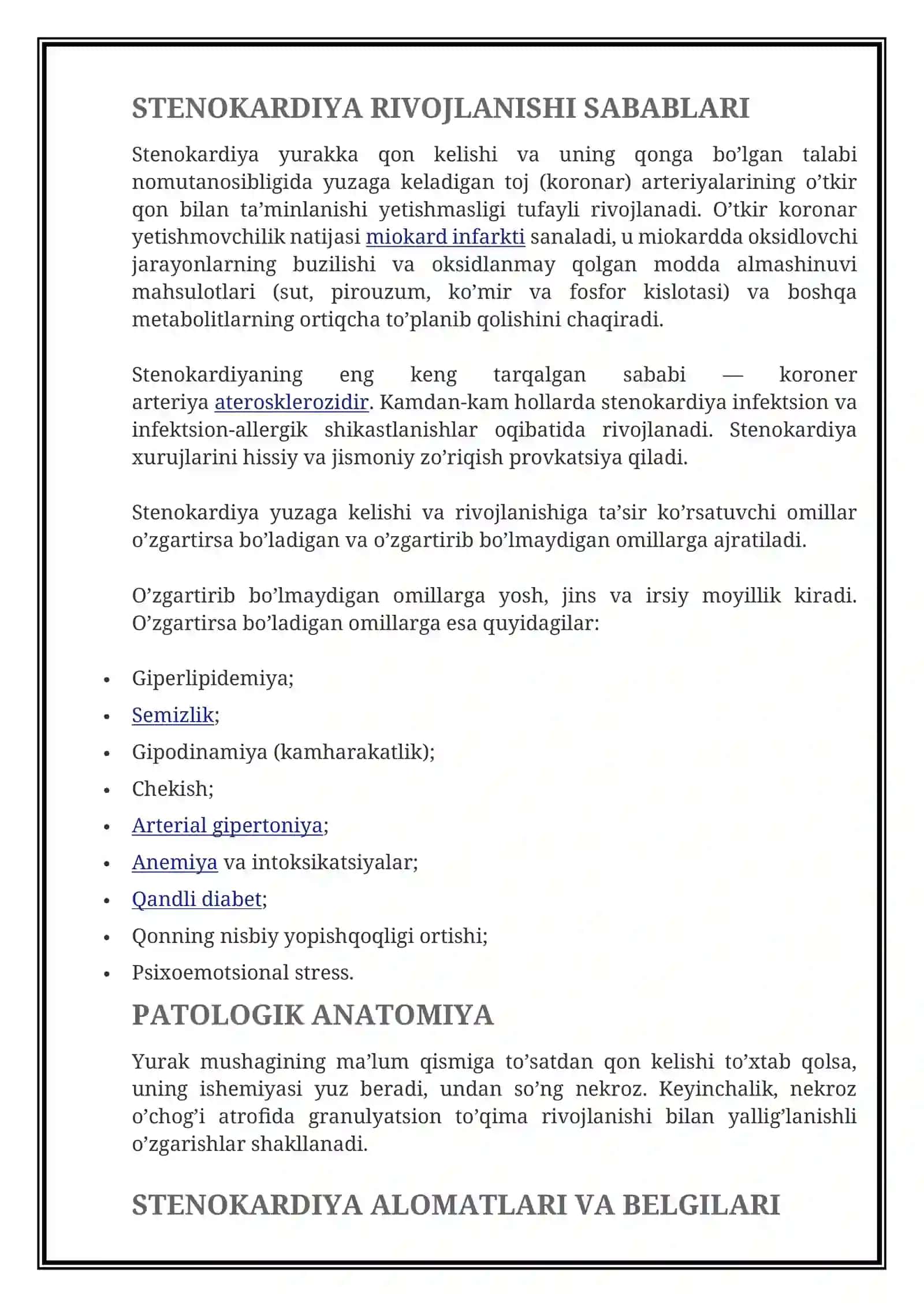 STENOKARDIYA — ALOMATLARI, SABABLARI, TASNIFI, TASHXISLASH, DAVOLASH, OLDINI OLISH 4