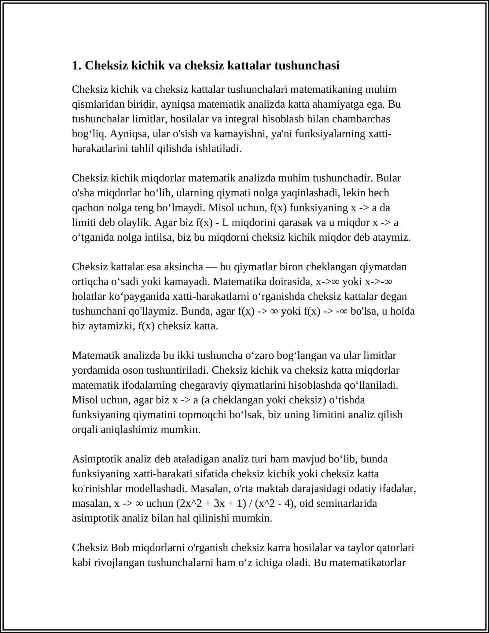 CHEKSIZ KICHIK VA CHEKSIZ KATTALAR. ANIQMASLIKLARGA OID TUSHUNCHALAR VA TA'RIFLAR 4