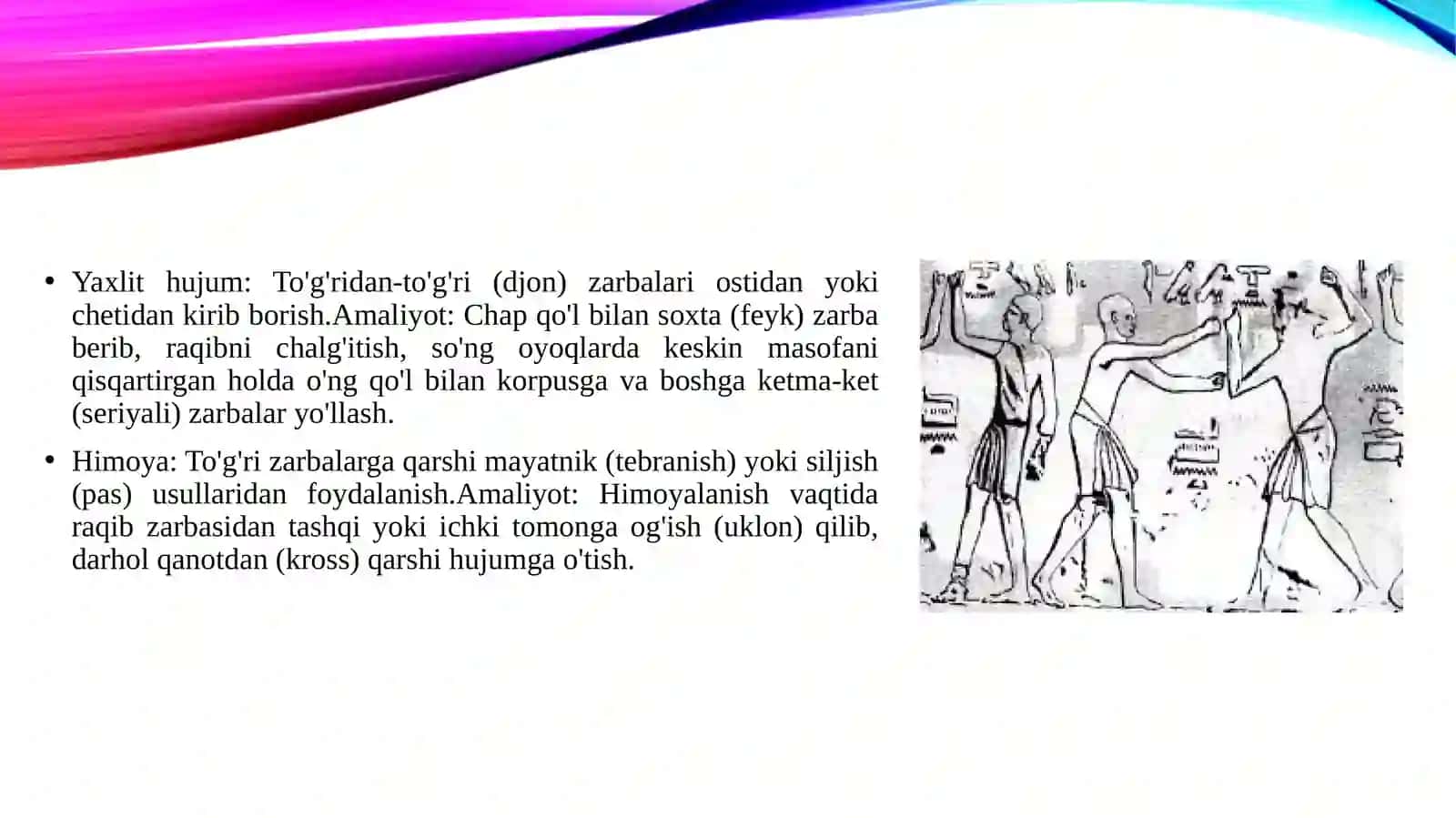 Turli uslubda jang olib boruvchi bokschilar bilan o'tadigan zarur bo'lgan yaxlit hujum va himoya harakatlarida takomillashtirish 4