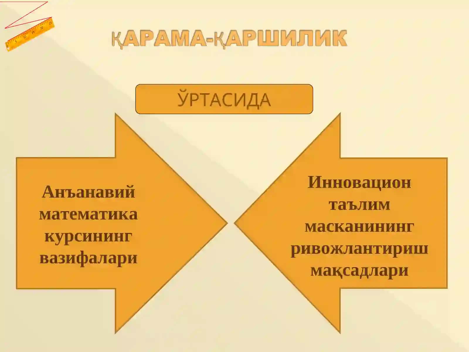 МАВЗУ: МАКТАБДА ГЕОМЕТРИЯНИ ЎҚИТИШДА ЎҚУВЧИ ЎҚУВ - ИЖОДИЙ ФАОЛИЯТИНИ РИВОЖЛАНТИРИШ МЕТОДИКАСИ 4