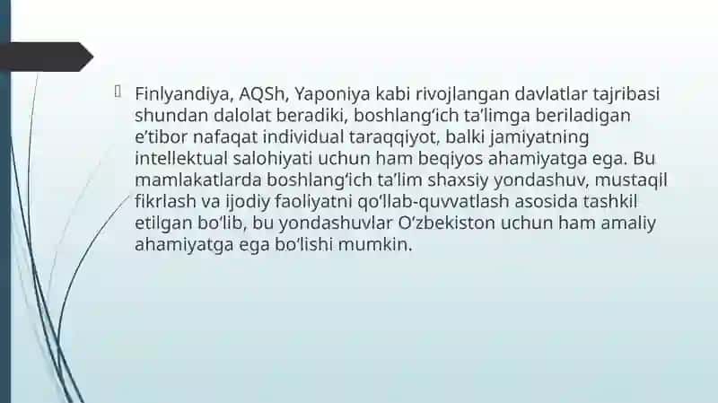 O’zbekiston davari vojlangan horijiy davlatlarda boshlang’ich ta'lim tizimi va uniqiyosi o’rganish mazmuni 4