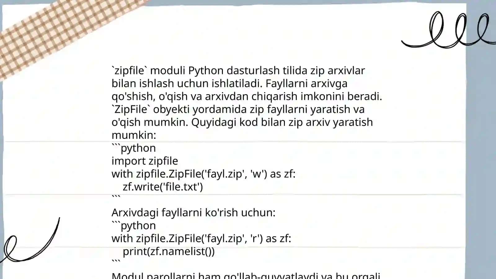 Python dasturlash til Fayllar bilan ishlash zipfile,picke momdul bilan ishlash 4