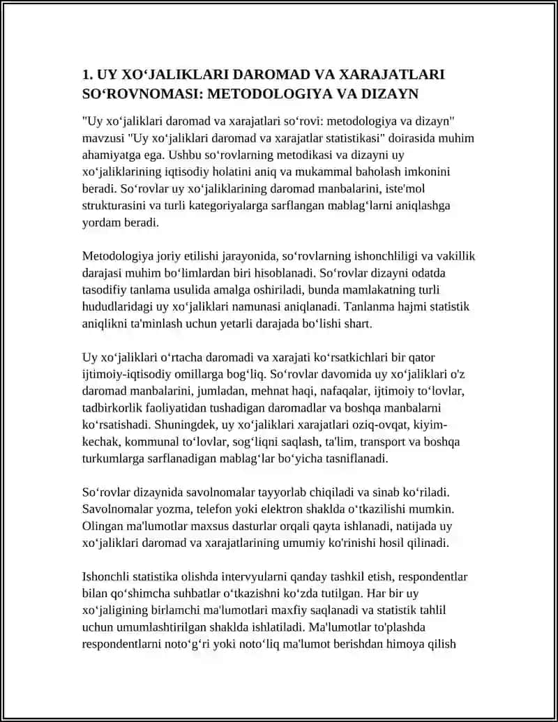 UY XOʻJALIKLARI DAROMAD VA XARAJATLARI SOʻROVNOMASI: METODOLOGIYA VA DIZAYN 4