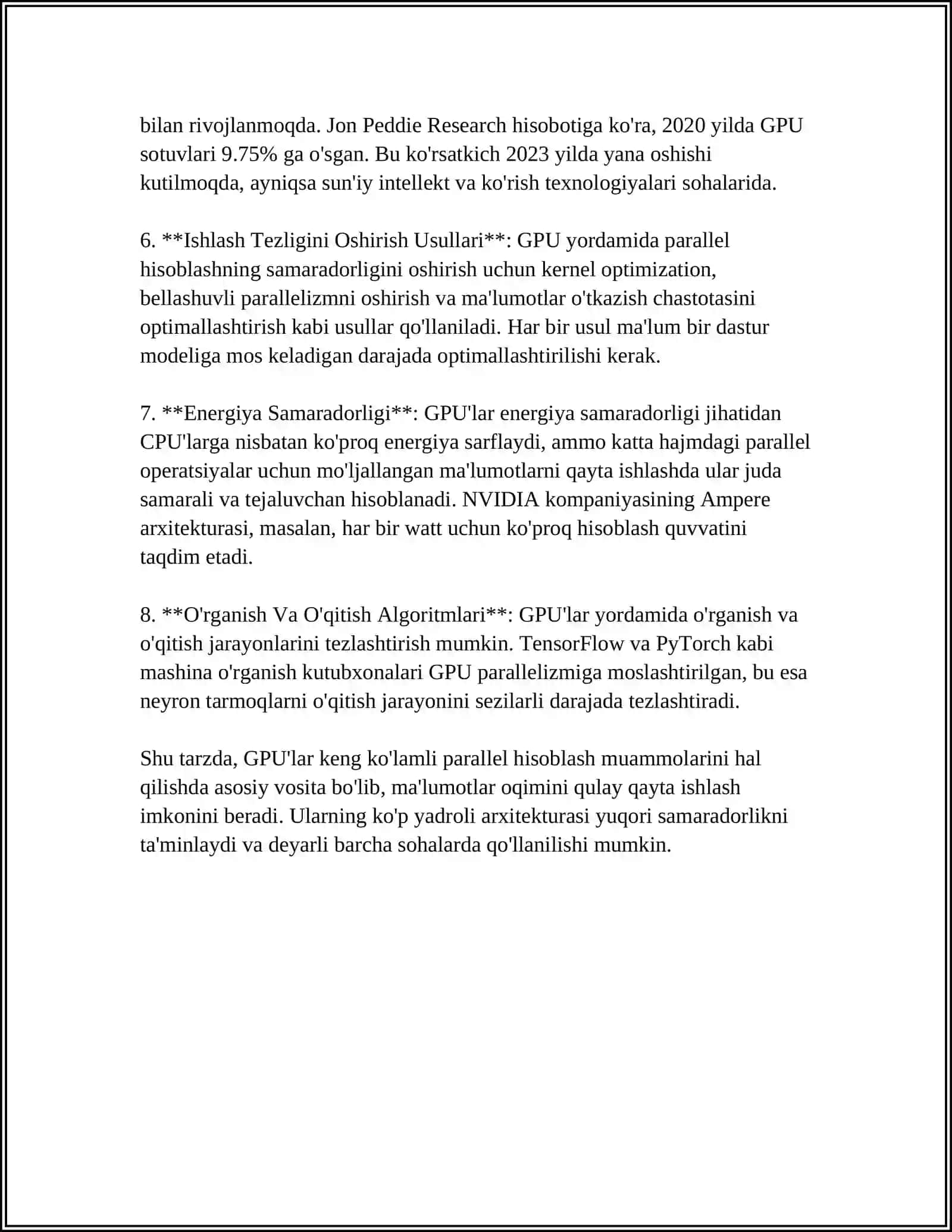 GPU VA ULARNING PARALLEL HISOBLASHDAGI ORNI:GPULARNING PARALLEL HISOB LASHDAGI AFZALLIKLARI VA QANDAY QOLLANILISHI 4