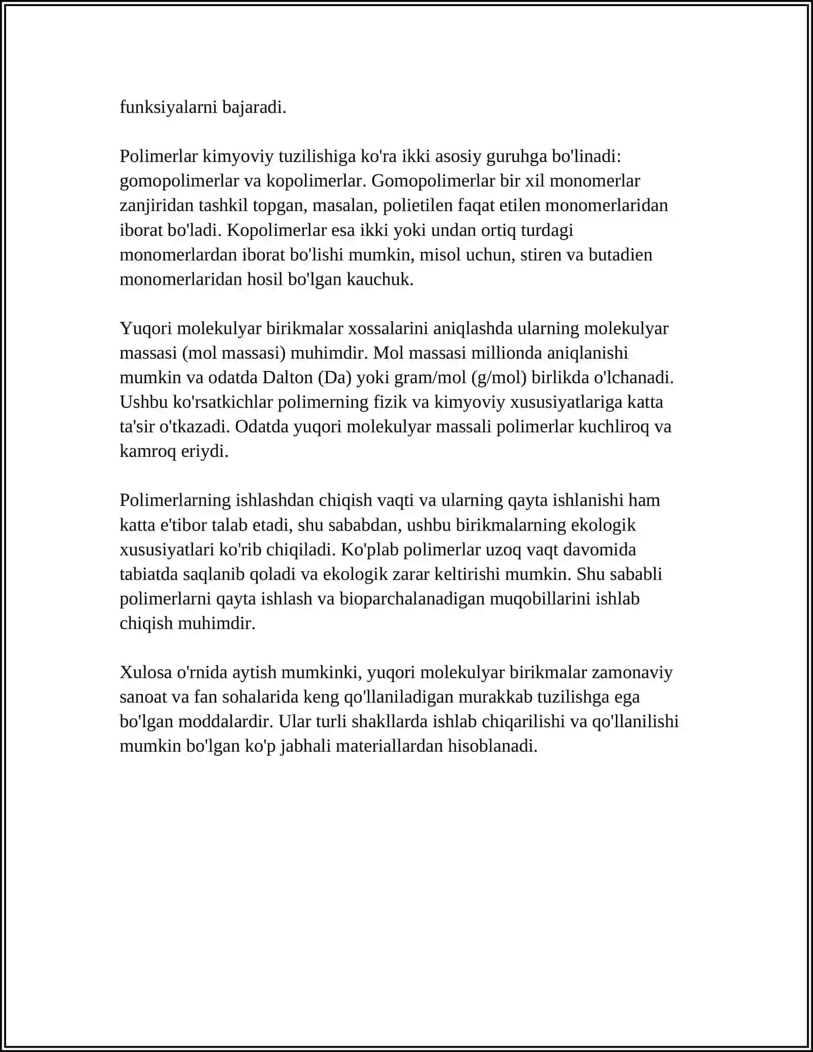 YUQORI MOLEKULYAR BIRIKMALARNING MOLEKULYAR MASSASI MAKROMOLEKULA POLIMER ZANJIRI 4