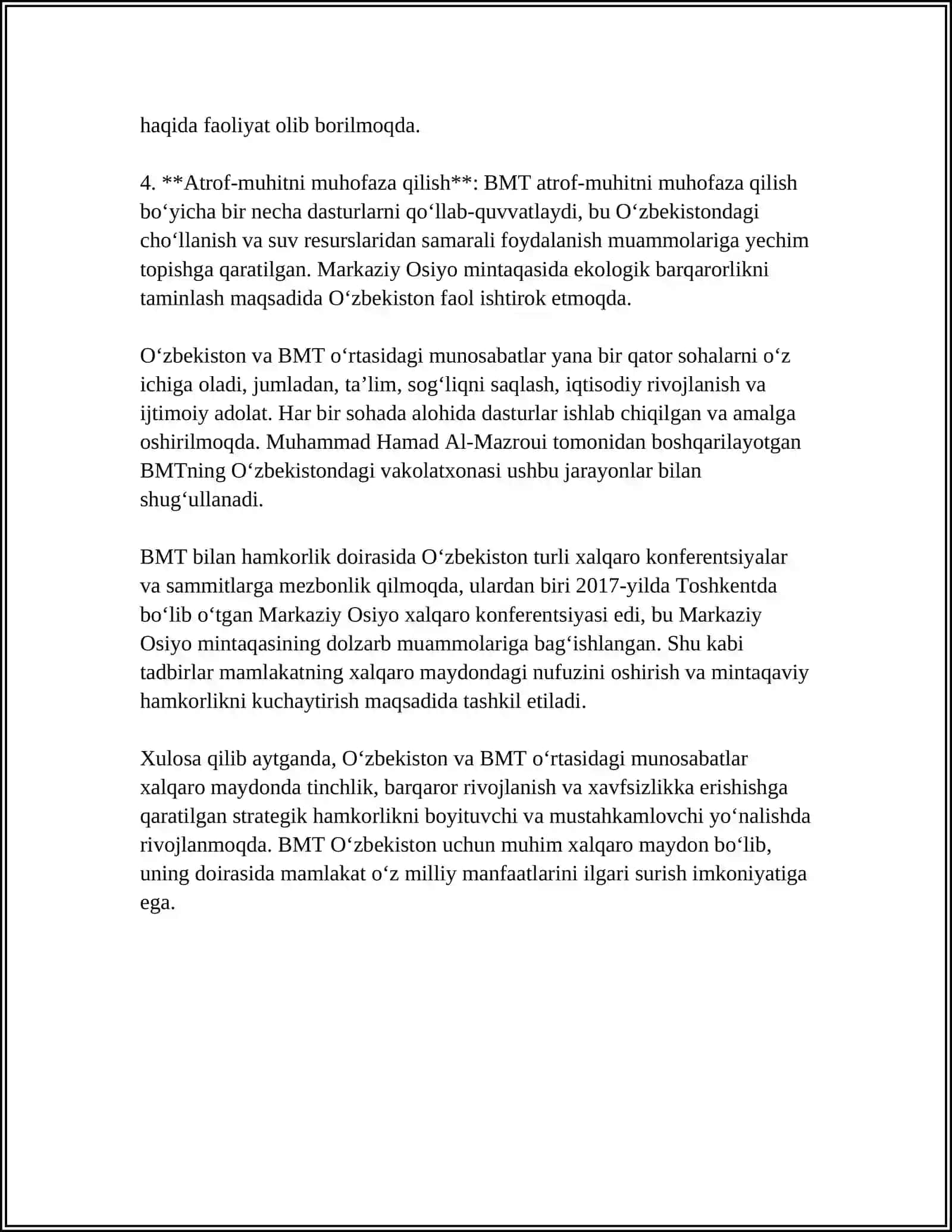 O'ZBEKISTONNING XALQARO TASHKILOTLAR BILAN HAMKORLIK ALOQALARI 4