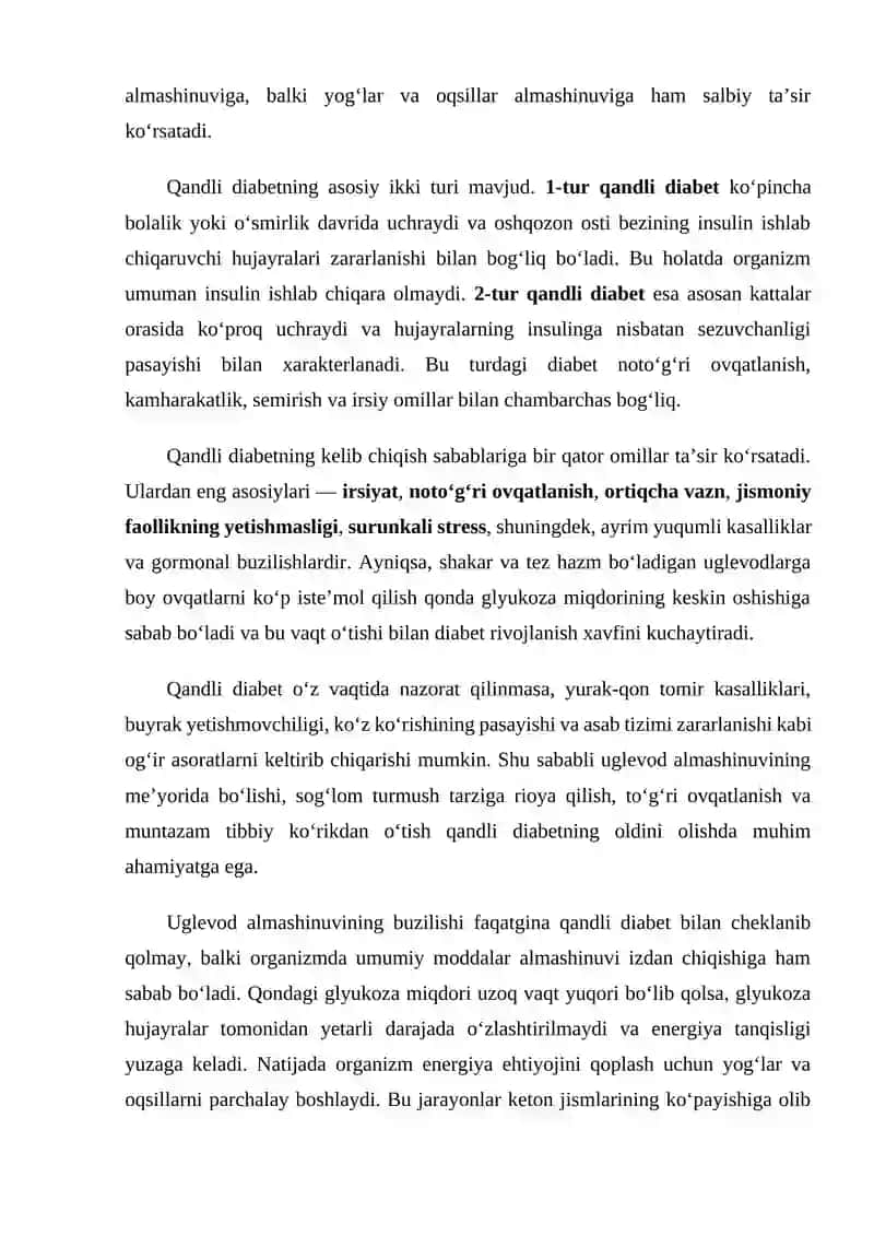 Organizmda uglevod almashinuvi,qandli diabet kasalligi va uni kelib chiqish sabablari 4