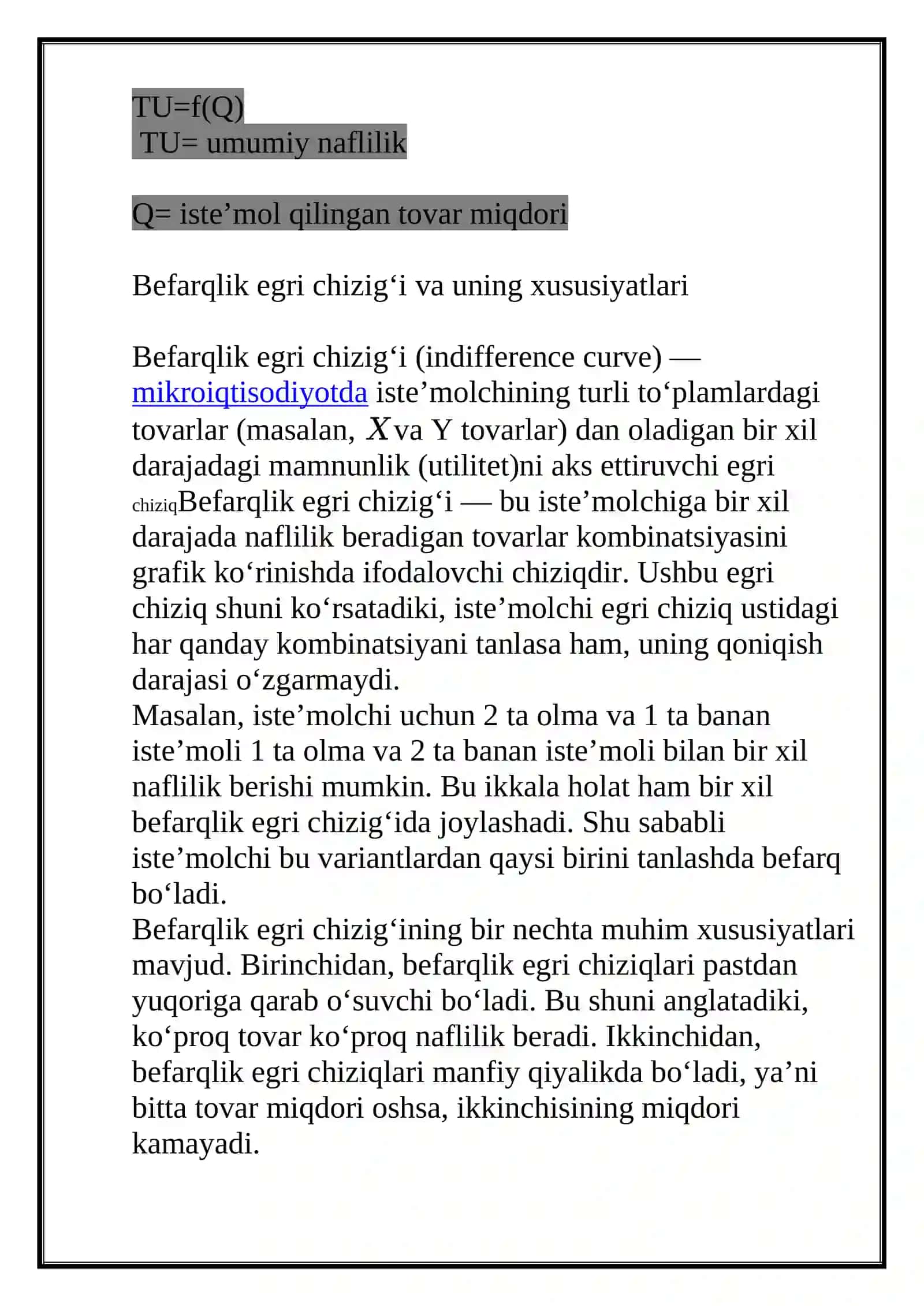 Naflilik va befarqlik egri chizig’i REFERAT 4