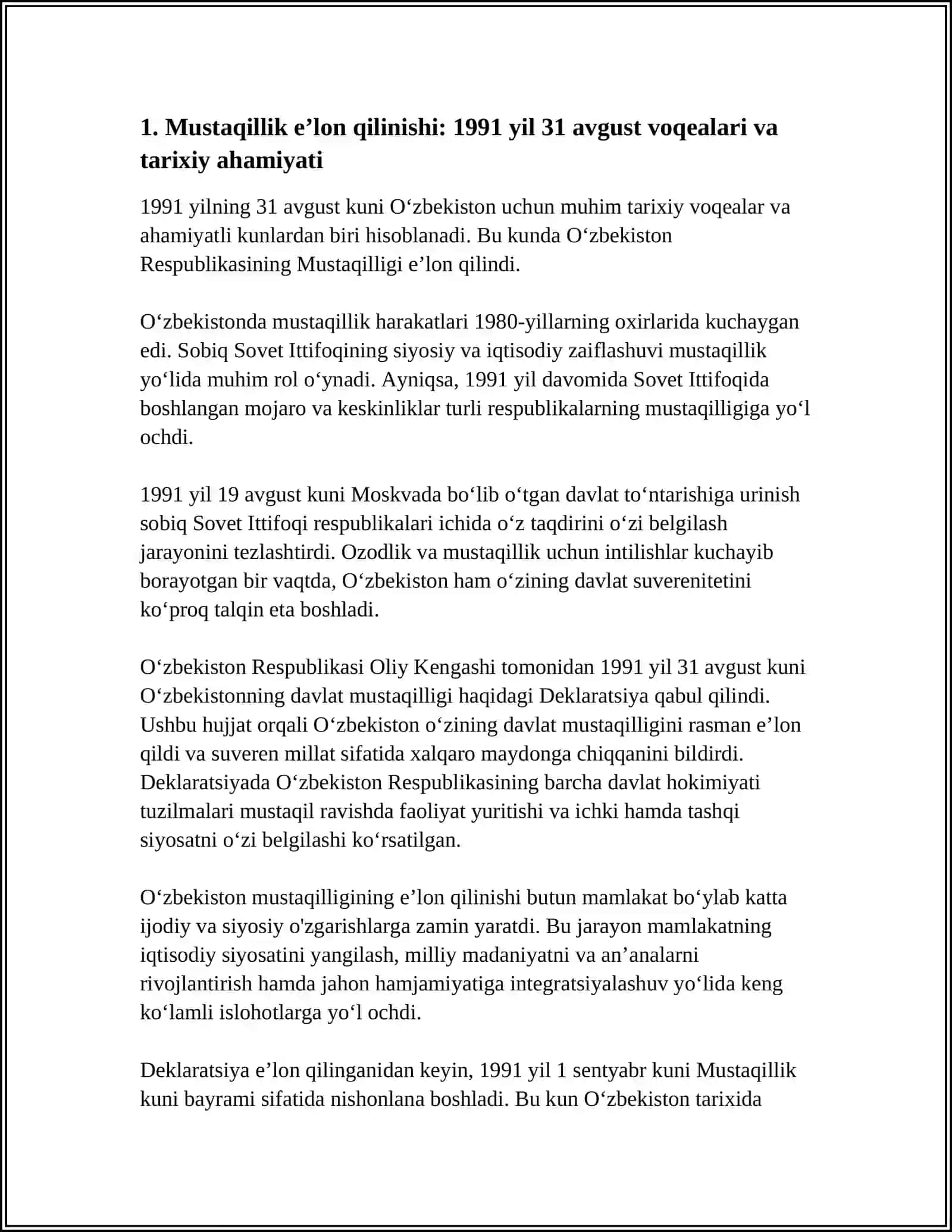 MUSTAQIL OʻZBEKISTON RESPUBLIKASINING TASHKIL TOPISHI VA UNING TARIXIY AXAMYATI 4