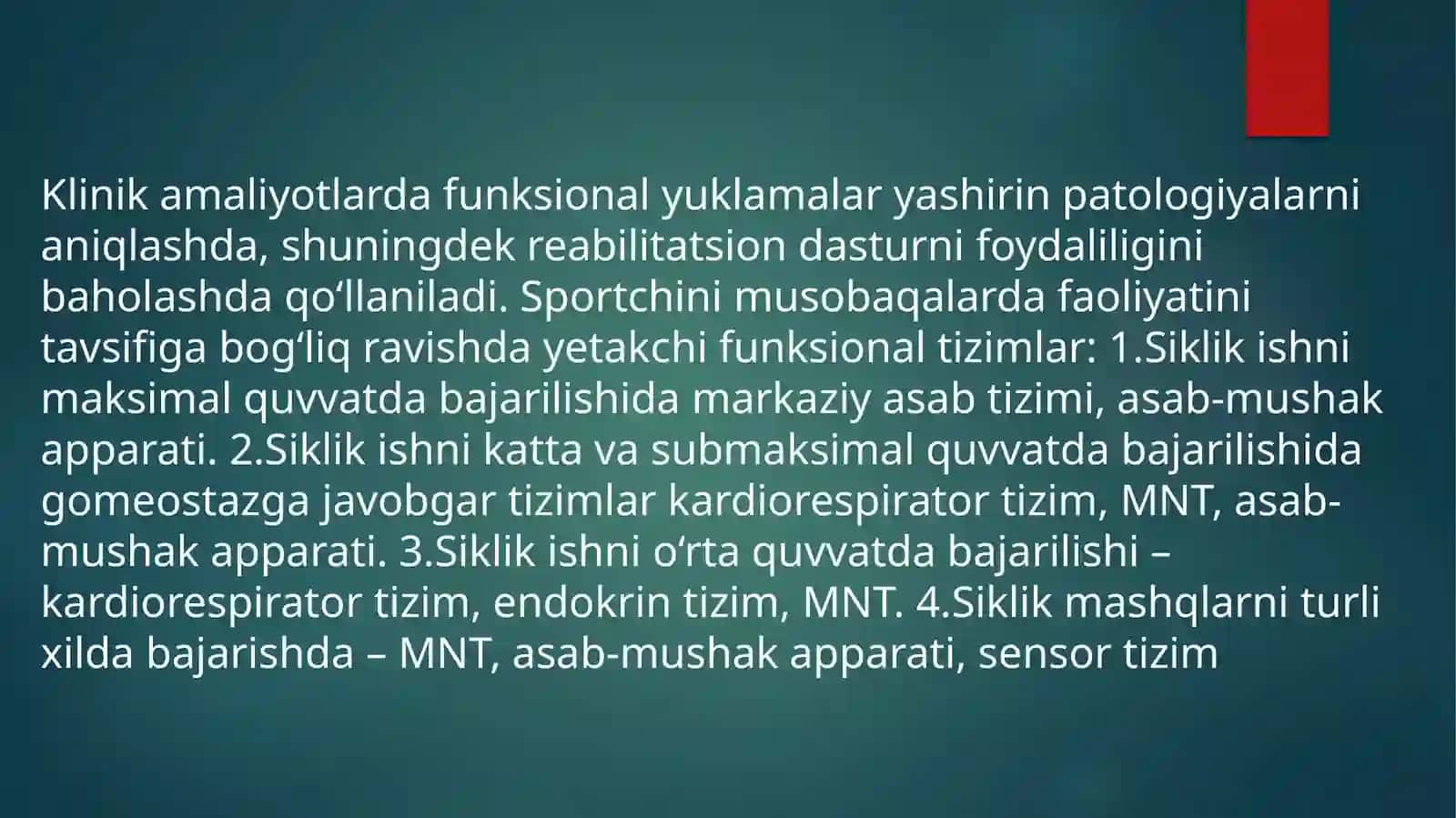 Jismoniy yuklamalarga ta’sirida shug‘ullanuvchi organizmda bo‘ladigan o‘zgarishlar. Shifokor nazoratida qo‘llaniladigan funksional sinamalar klassifikatsiyasi. Yurak-qon tomir sistemasining funksional holatini baholashda qo‘llaniladigan sinamalari 4