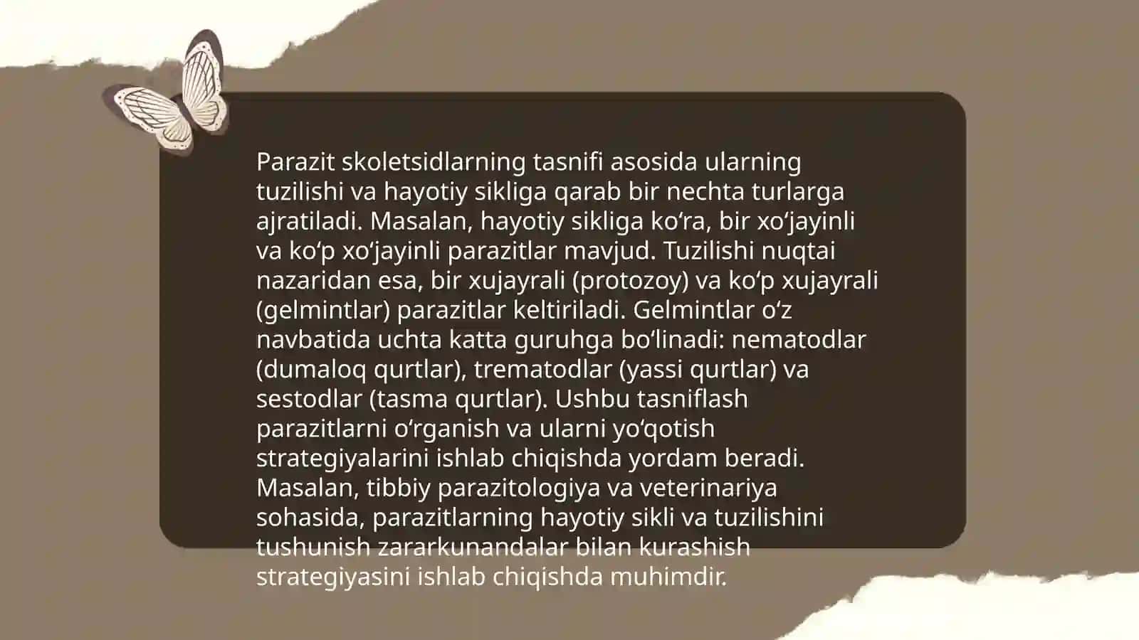 Parazitologiya. Skoletsidalar -parazitlik qilib hayot kechiruvchi chuvalchanglar 4