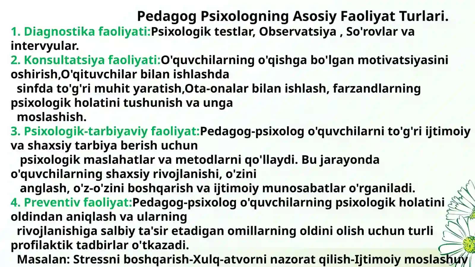 Pedagog-psixologning asosiy faoliyat turlarini tashkillashtirish 4