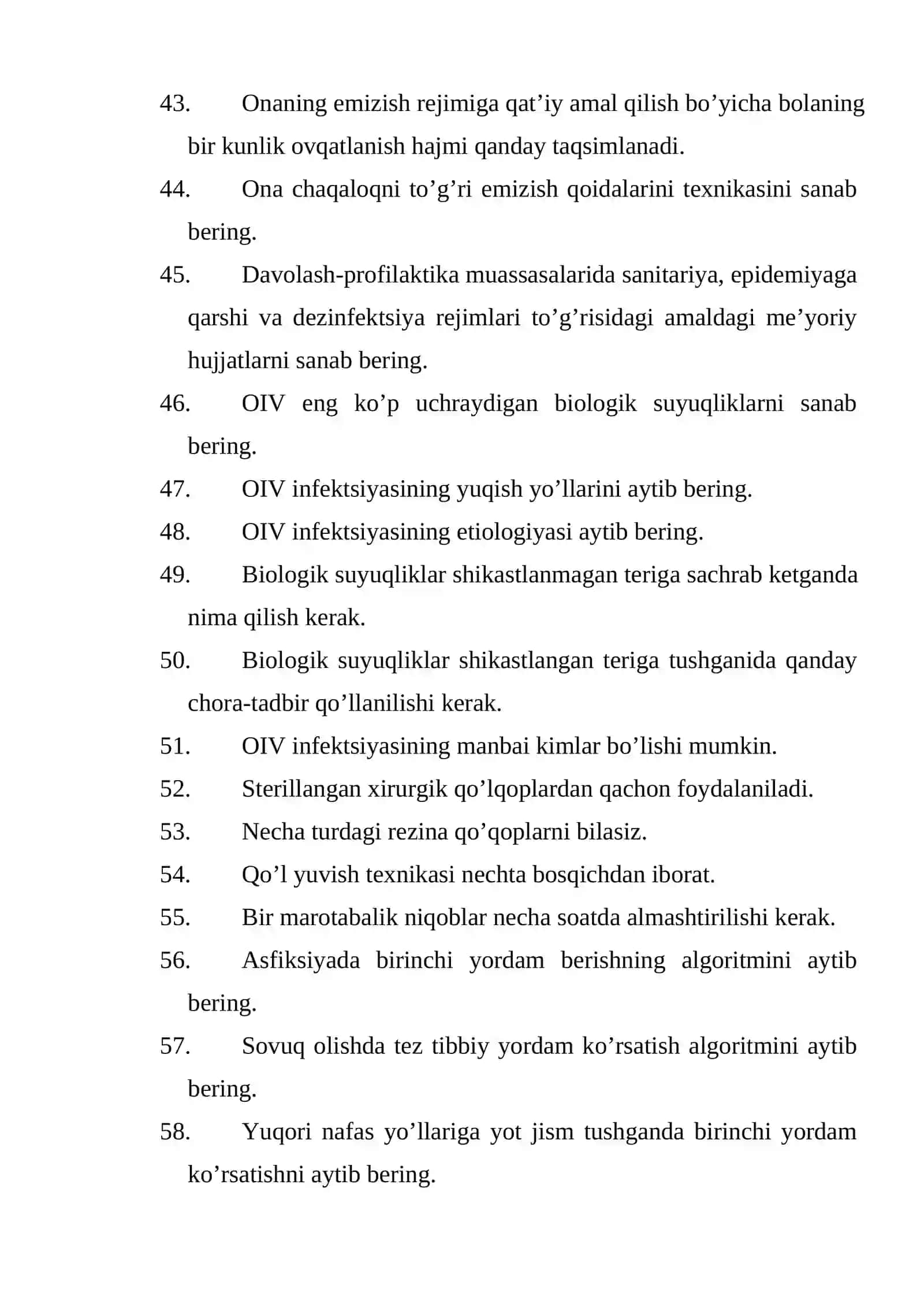 Hamshiralik ishi (patronaj hamshiralari) mutaxassisligi bo’yicha shakllantirilgan og’zaki savollar ro’yxati 4