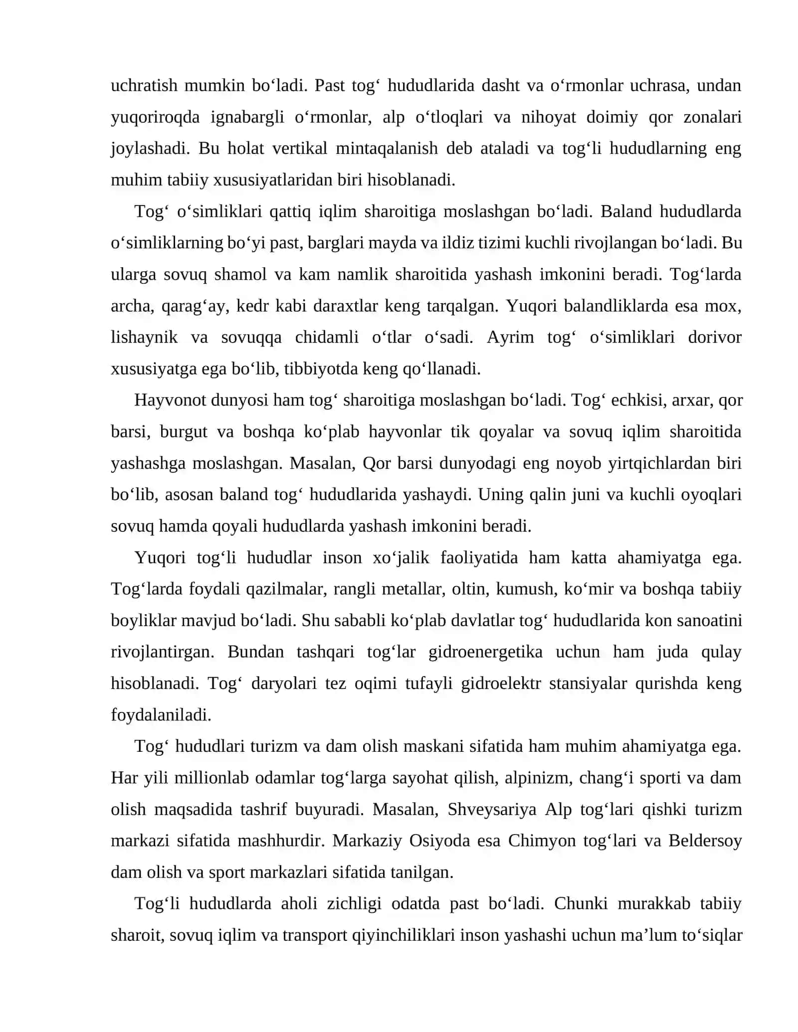 Yuqori tog‘li o‘lkalar va ularning tiriklik tamoyillarini vertikal tarqalish qonuniyatlari 4