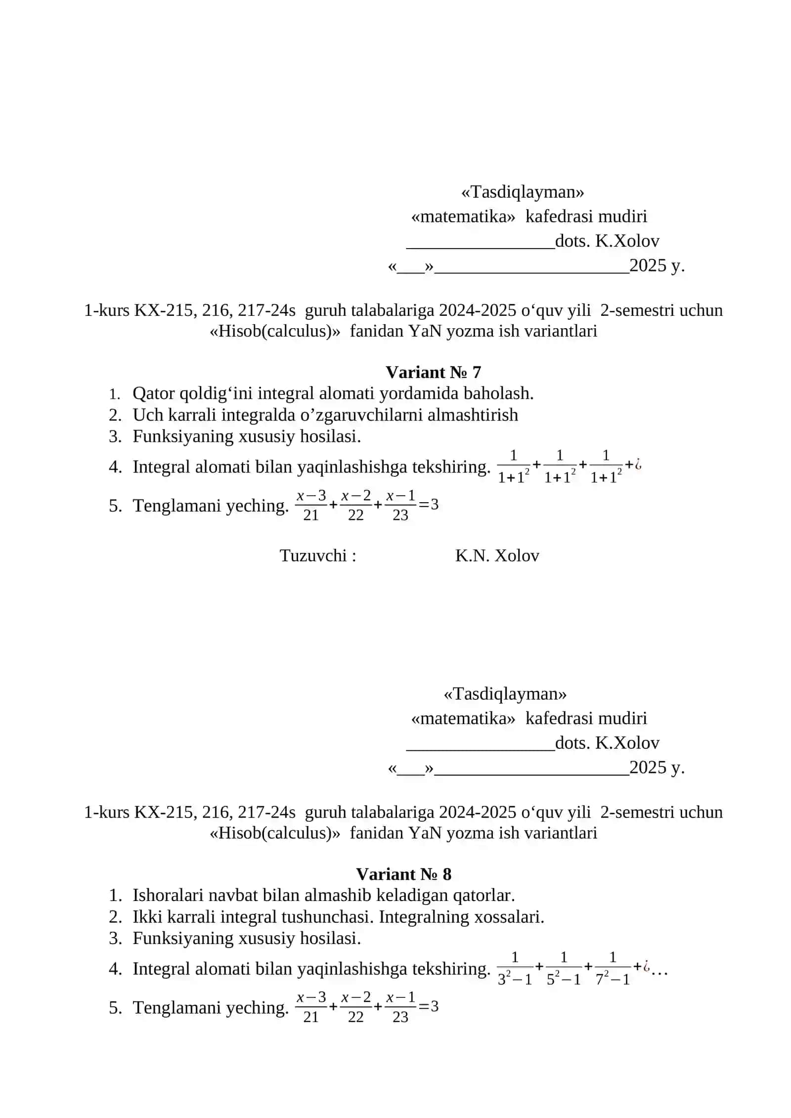 Hisob(calculus) fanidan YaN yozma ish variantlari 4