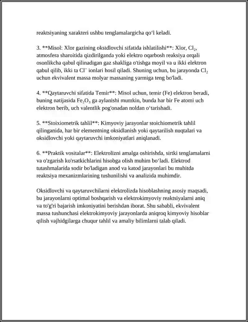 OKSIDLOVCHI VA QAYTARUVCHILARNING EKIVALENT MASSALARNI HISOBLASH ELEKTROLIS 4