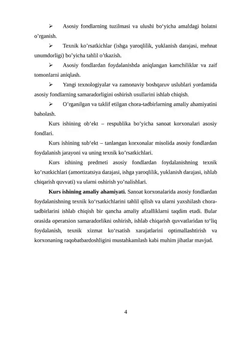 “Sanoat korxonalari asosiy fondlaridan foydalanishning asosiy texnik ko‘rsatkichlarini tahlil qilish va uni yaxshilash yo‘llari” mavzusida ilmiy ish 4
