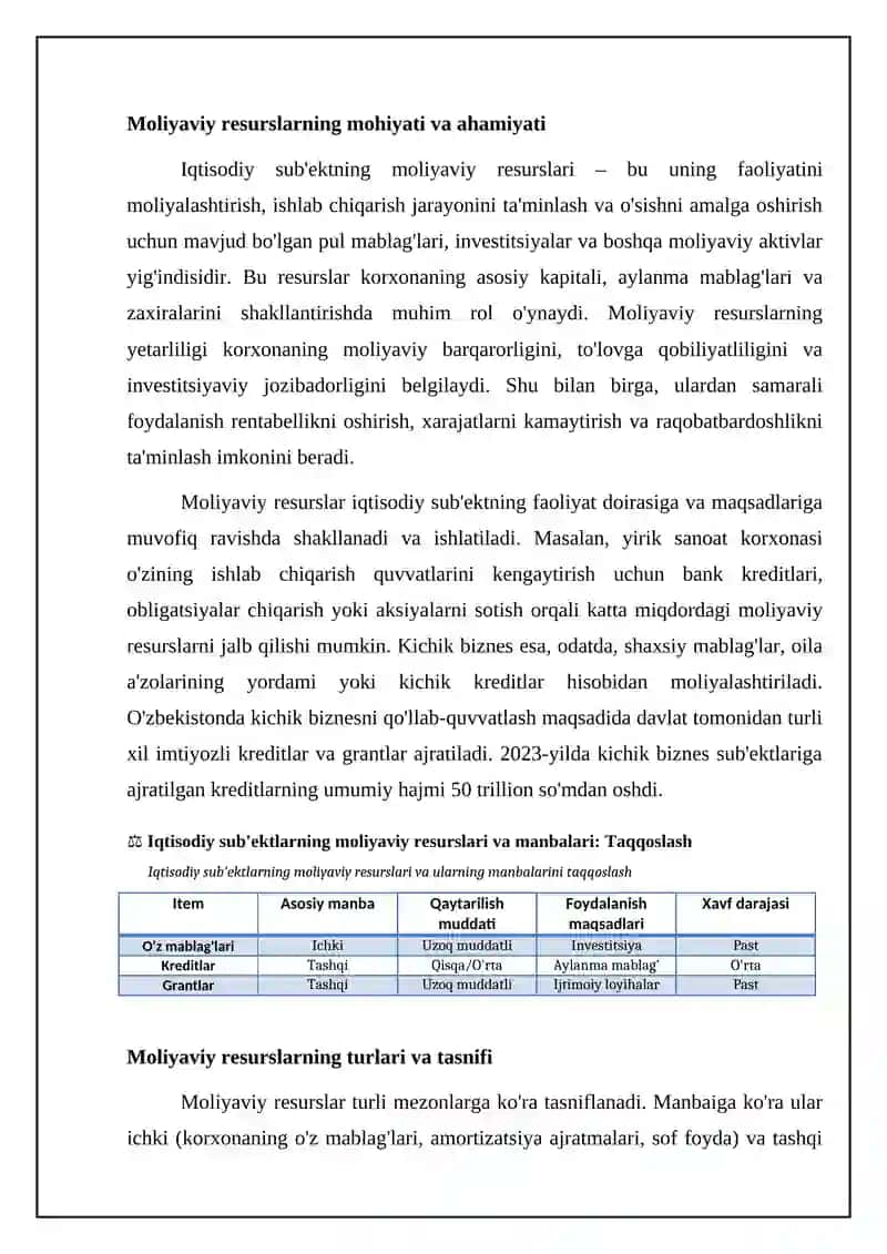 Iqtisodiy sub'ektlarning moliyaviy resurslari: Ta'rif va turlari 4
