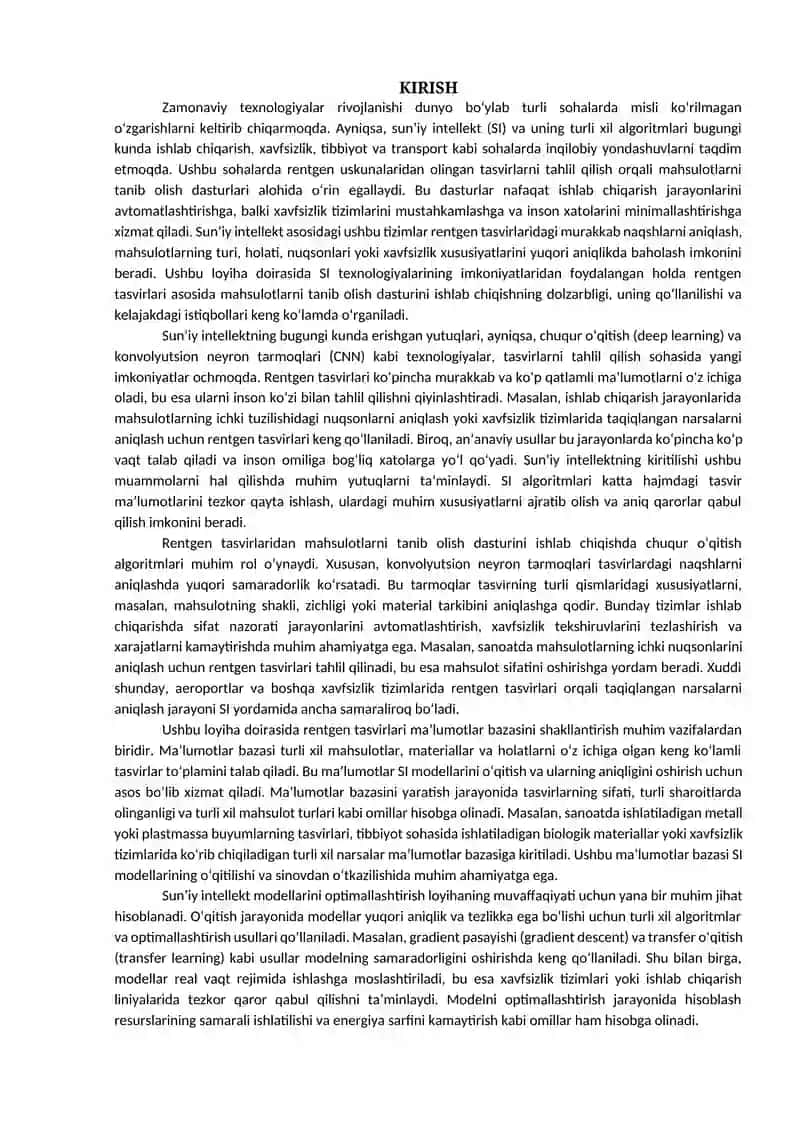 Sun’iy intellekt dasturiy vositalari asosida rentgen uskunalaridan olingan tasvirlardan mahsulotlarni tanib olish dasturini ishlab chiqish 4