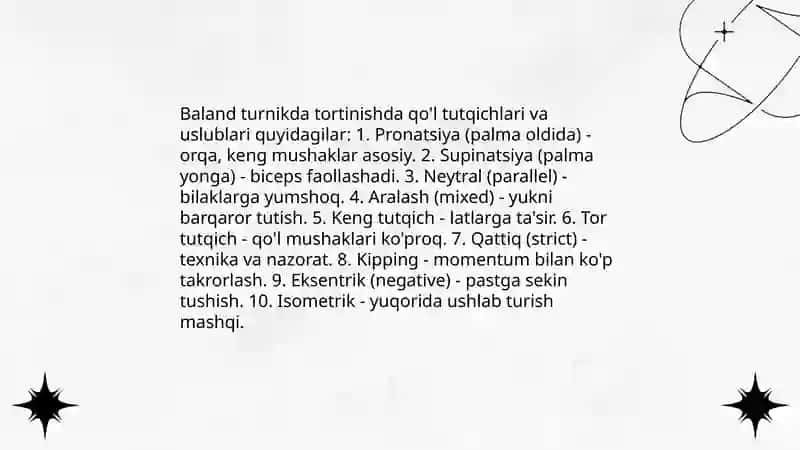 Baland turnikda tortinishning toʻgʻri boshlangʻich pozitsiyasi (erkaklar) 4
