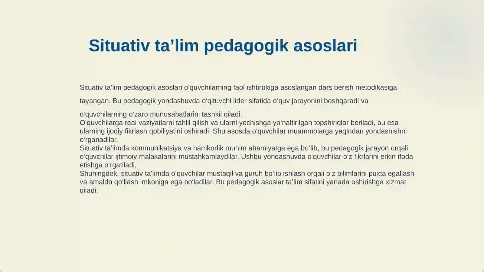 SITUATIV TA’LIM ASOSIDA UMUMTA’LIM MAKTABLARIDA TARBIYA FANINI O‘QITISH 4