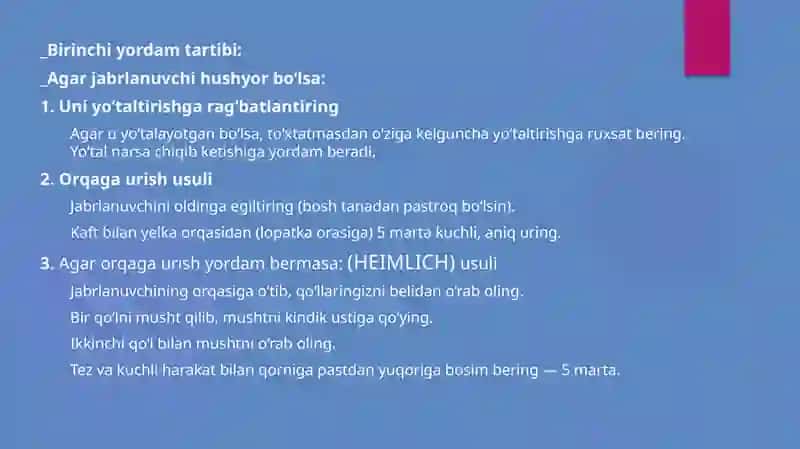 "Nafas Yo‘liga Yod Buyum Tiqilganda Birinchi Tibbiy Yordam Ko‘rsatish Asoslari" 4